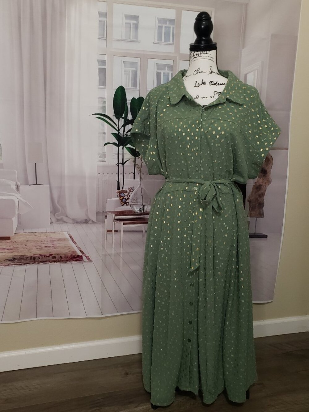 Nina Leon, Green/Golden Box Print Dress, Size 2X